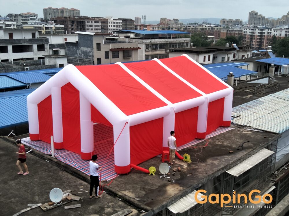 Inflatable Wedding Tent with Canopy Red Cover and White Beams House with Foldable Doors for Party or Event