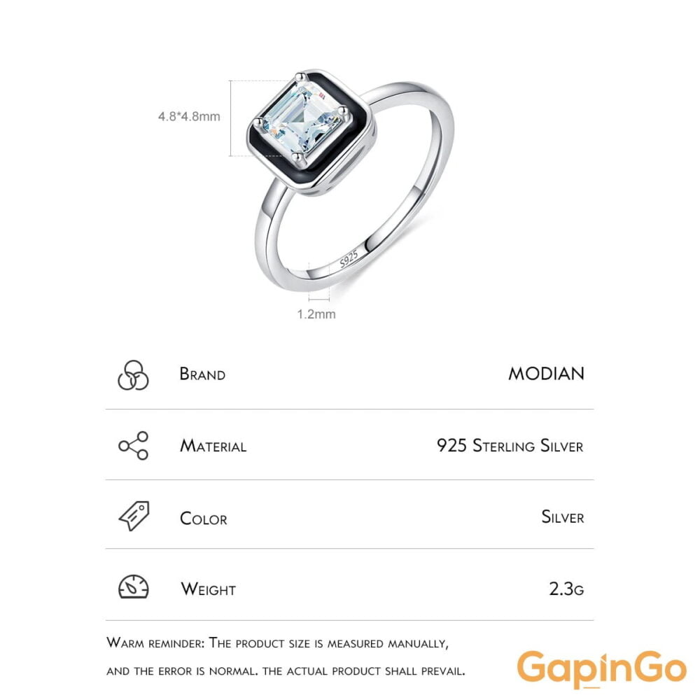 MODIAN 925 Sterling Silver Fashion Black Enamel Finger Ring Clear Square CZ Ring For Women Engagement Wedding Fine Jewelry