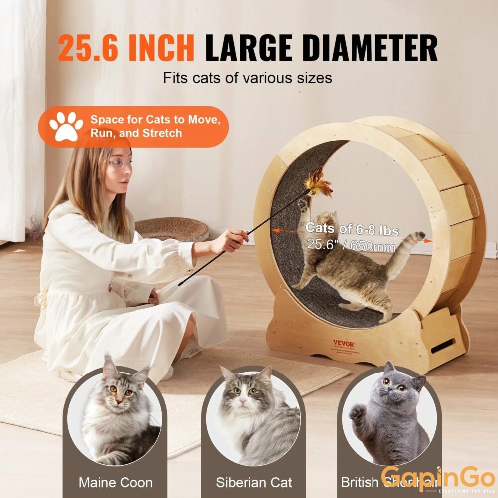 Cat Exercise Wheel Natural Wood Silent Running Toy Treadmill Roller Wheel with Detachable Carpet for Most Cats Pet Fitness
