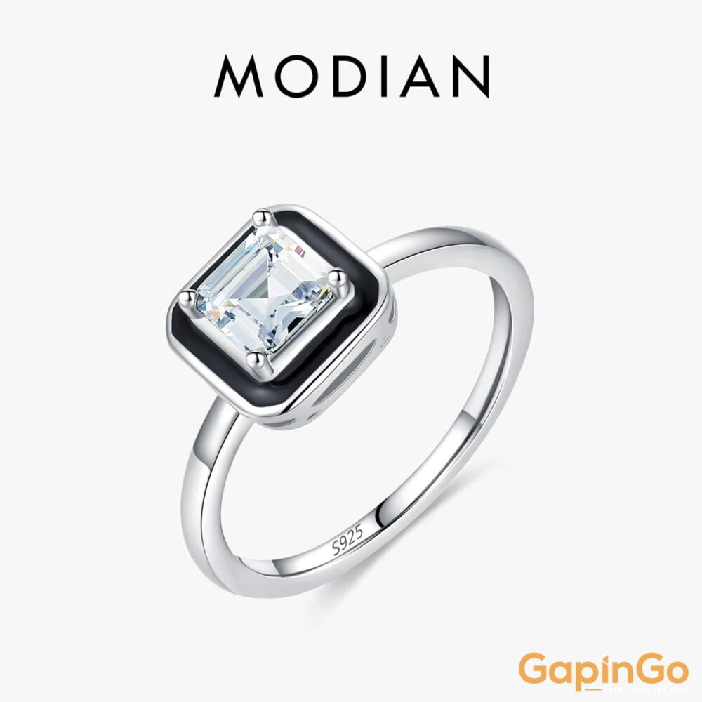 MODIAN 925 Sterling Silver Fashion Black Enamel Finger Ring Clear Square CZ Ring For Women Engagement Wedding Fine Jewelry